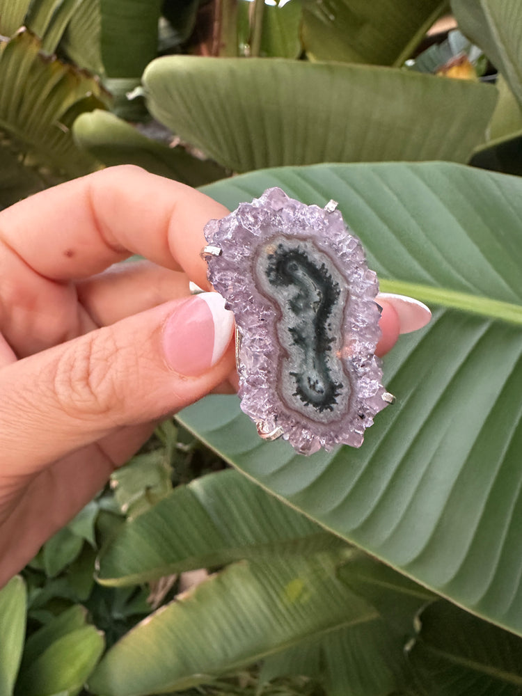 
                  
                    Stalactite Amethyst Slice - Silver cuff ring
                  
                