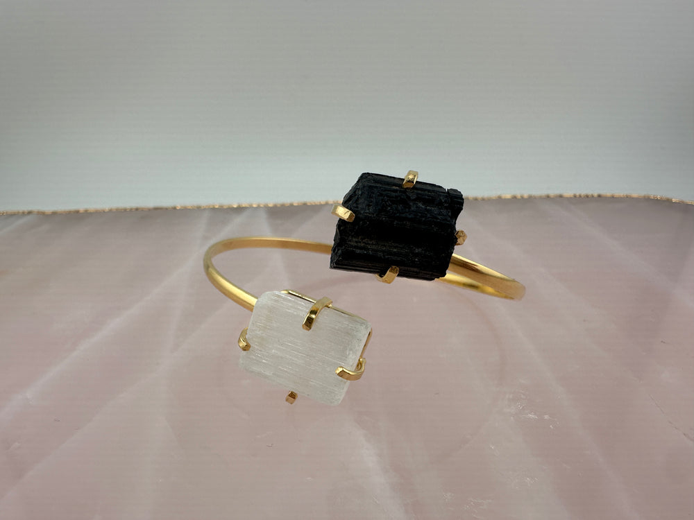 
                  
                    Selenite and Black tourmaline dual stone bangle - Gold
                  
                