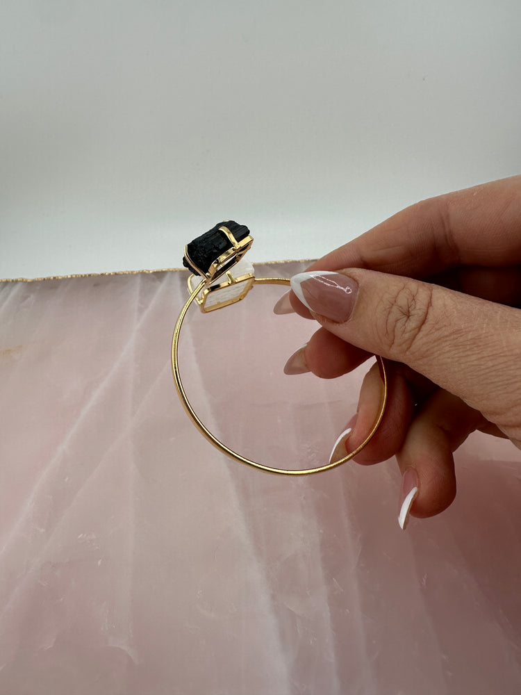 
                  
                    Selenite and Black tourmaline dual stone bangle - Gold
                  
                