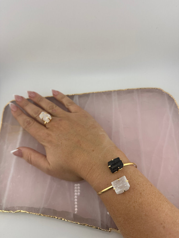 
                  
                    Selenite and Black tourmaline dual stone bangle - Gold
                  
                