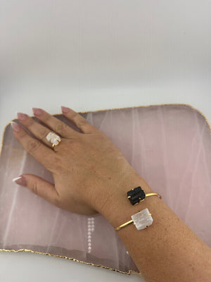 
                  
                    Selenite and Black tourmaline dual stone bangle - Gold
                  
                