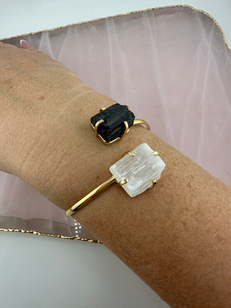 
                  
                    Selenite and Black tourmaline dual stone bangle - Gold
                  
                