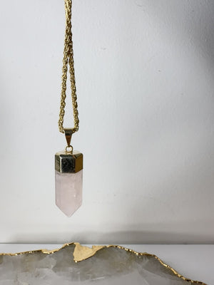 
                  
                    Load and play video in Gallery viewer, Rose Quartz Polished point Pendant with chain
                  
                