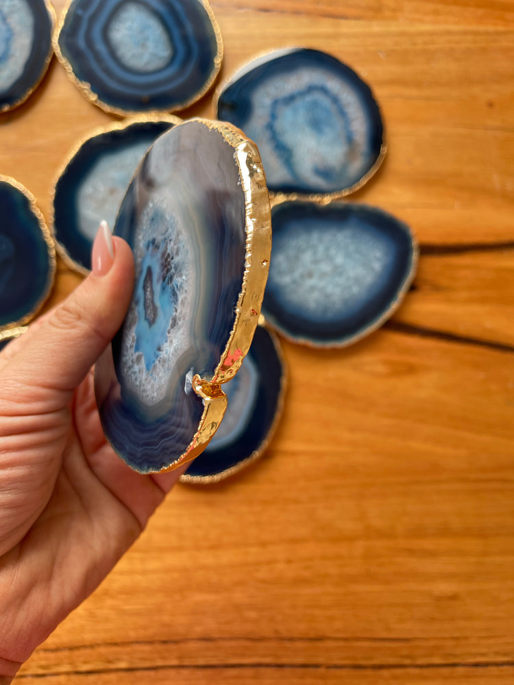 Blue agate coasters with gold trim